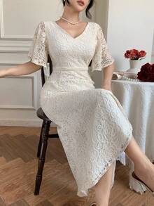 DAZY Đầm đuôi cá ren cổ chữ V tay bồng thanh lịch dành cho nữ, đầm mùa hè, đầm dự tiệc cưới, đầm hè cho nữ. - Màu be - Xem 7