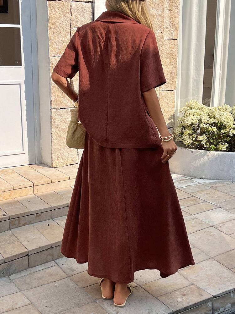 Women's Casual Textured Pocket Blazer Jacket And Skirt 2 Pieces Set, Spring/Summer