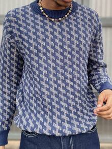 Ngobest Haus Ngobest Haus 男士休闲复古提花圆领轻薄针织衫，欧美亚洲风格，秋冬款 - 藏蓝色 - 查看 3