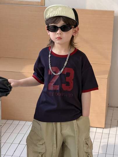 DAZY Young Boy Summer Casual Contrast Trim Numeric Print Round Neck Short Sleeve T-Shirt