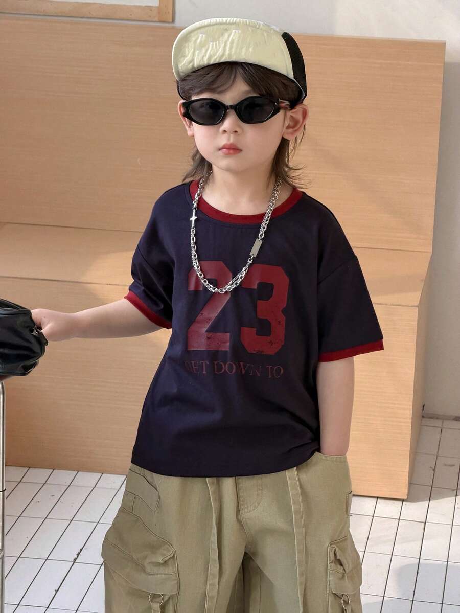 DAZY Young Boy Summer Casual Contrast Trim Numeric Print Round Neck Short Sleeve T-Shirt - Navy Blue - View 1