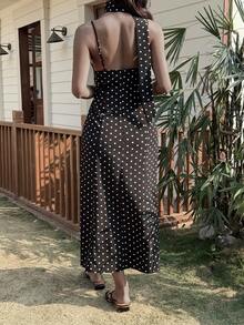 Livesso V-Neck Polka Dot Strap Midi Dress For Women, Suitable For Queuing, Gathering, Holiday, Easter Party, Summer - Black and White - View 2