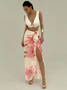 Aloruh 浪漫约会、春夏度假、海滩性感超长3D立体花卉高开衩女装裙 - 米色 - 查看 3