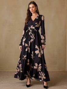EMERY ROSE Elegant Women's Minimalist Contrast Color Print V-Neck Waist Flared Long Sleeve Dress - Multicolor - View 1