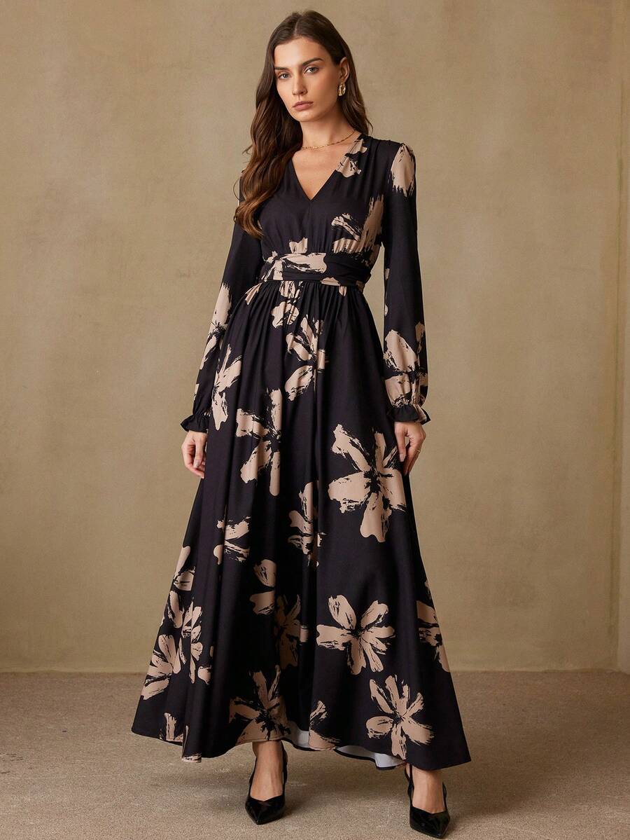 EMERY ROSE Elegant Women's Minimalist Contrast Color Print V-Neck Waist Flared Long Sleeve Dress - Multicolor - View 1