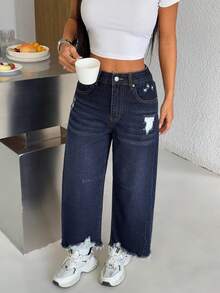 SHEIN PETITE Women's Loose Fit Distressed Pocket Flare Leg Casual Jeans - Dark Wash - View 7