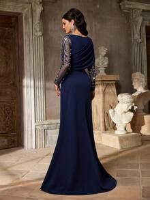 Aureia Elegante y lujosa falda con dobladillo de sirena con volantes, mangas de malla con cuentas y lentejuelas, empalme y elástico fruncido - Azul Marino - Ver 3