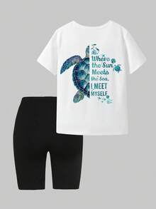 SHEIN ChillGRL 青少年女孩海洋生物海龜與字母印花圓領白色短袖T恤與黑色短款緊身褲套裝，夏季休閒海灘度假 - 白色 - 查看 2