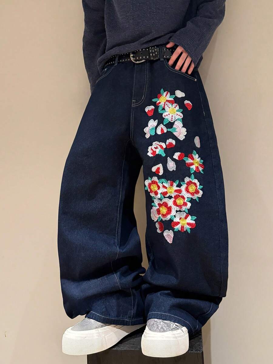 STEELVANCE Quần jeans ống đứng dáng rộng, thoải mái, đa năng, thiết kế đính đinh tán, thêu họa tiết, phong cách đường phố cổ điển. - Màu xanh lam - Xem 1