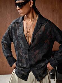 AKNOTIC Business Casual 男士梭织半透明镂空长袖休闲衬衫 - 黑色 - 查看 6