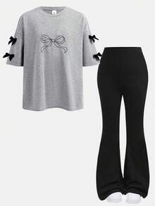 SHEIN 两件套少女休闲蝴蝶结T恤和喇叭裤套装，时尚舒适，适合日常穿着和外出活动。 - 灰色 - 查看 14