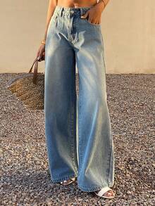 DAZY 女士低腰水洗宽松直筒牛仔裤，休闲街头风 - 淺色水洗藍 - 查看 1