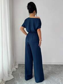 Elenzga 优雅都市时尚新款女士春夏藏蓝色不对称单肩金属扣腰阔腿裤，适合日常穿着、婚礼、晚宴、通勤、毕业派对、节日、约会、聚会、万圣节、圣诞节、新年、感恩节、婚礼女士两件套 - 藏蓝色 - 查看 3