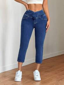 SHEIN Tall 2026 Summer Tall Women's Casual Summer Vacation Outfits For Women Solid Color Elastic Waist Cross-Waist Design With High-Stretch Fabric Slant Pocket Casual Cropped Denim Jeans - Dark Wash - View 5