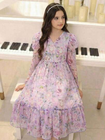 SHEIN 少女碎花V领羊腿袖休闲连衣裙