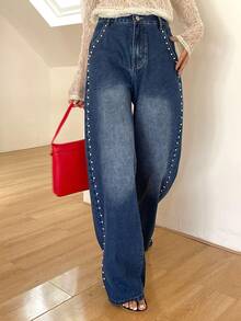 FRIFUL 女士仿珍珠装饰宽松牛仔裤 - 藍色 - 查看 4