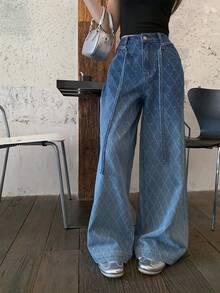 DAZY 女士格子水钻做旧系带休闲牛仔裤 - 藍色 - 查看 7