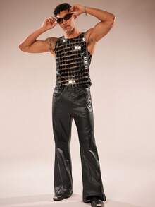 FeverCity Men's Sequin Decor Sheer Crew Neck Tank Top, Suitable For Parties And Gatherings - Black - View 3
