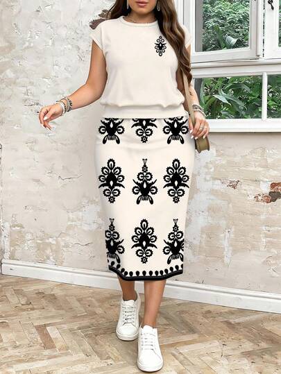 EMERY ROSE 2pcs Plus Size Women Casual Plaid & Bow Pattern Loose Fit Round Neck Top And Skirt Set, Suitable For Summer