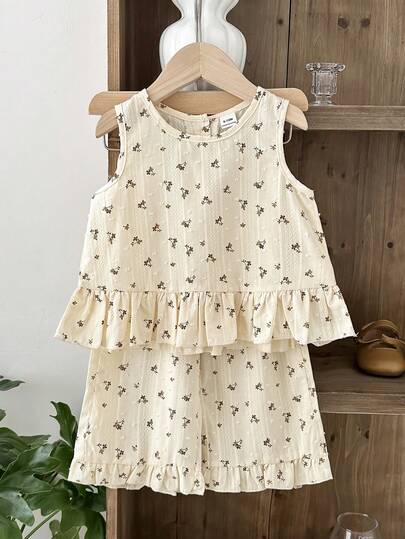 SHEIN 2pcs/Set Baby Girls' Jacquard Top And Pants Set, Fashionable & Cute, Suitable For Spring/Summer, Indoor, Outdoor, Vacation, Beach, Daily Wear