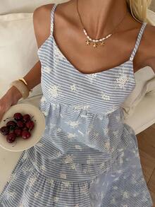 DAZY 2pcs Women Textured Jacquard Striped Loose Camisole & Maxi Skirt Casual Summer Vacation Set Boho - Blue - View 5