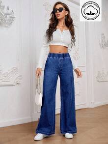 EMERY ROSE Women's Casual Everyday Commute Simple Versatile Elastic Waist Loose Wide Leg Jeans - Blue - View 3