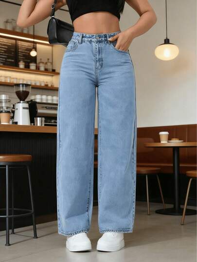 1 par de vaqueros informales de cintura alta con diseño acampanado, Pantalones De Mujer Mezclilla,que ofrecen un estilo femenino que los convierte en una opción moderna para el verano, adecuados para el uso diario.