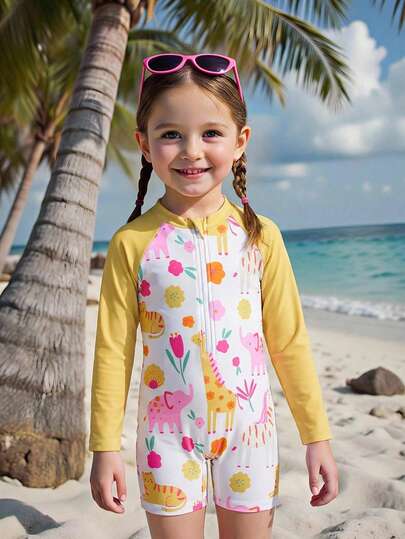 SHEIN 1pc Girls' Cute Zoo Animal Print Long Sleeve One-Piece Swimsuit, Sun Protection, Summer Kids Girl Rash Guard Swimsuit With Zipper Long Sleeve Toddler Swimsuit Kids Swim Romper Long Sleeve And Shorts Swimsuit Youth Girls Bathing Suits With Rash Guard Long Sleeve Bathing Suit Kids Toddler Girl Long Sleeve Swimsuit Girls Swimsuit Rash Guard Kids Swimsuits Girls Long Sleeve Cute Girl Swimsuit Swimsuit Long Sleeve With Zipper Long Sleeve Swimsuit For Girls Swimsuits For Kids With Sleeves Kids Clothing Sun Protection Kids Resort Wear Beach Wear For Kids