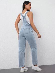 Flexra Women's Solid Color Pocket Casual Versatile Sleeveless Denim Jumpsuit - Light Wash - View 2