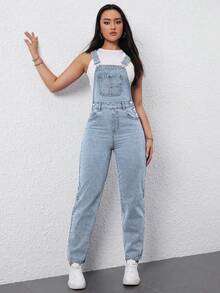 Flexra Women's Solid Color Pocket Casual Versatile Sleeveless Denim Jumpsuit - Light Wash - View 3