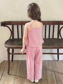 LMoss Kids 2 piezas Conjunto de top de tirantes de unicolor tejido y pantalones casuales holgados para niña joven - Rosa Pálido - Ver 2