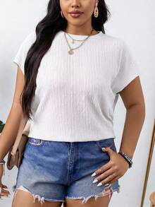 SHEIN LUNE Plus Size Women Summer Casual Commuting Simple Versatile Solid Color Textured Fabric Batwing Short Sleeve Top - White - View 5