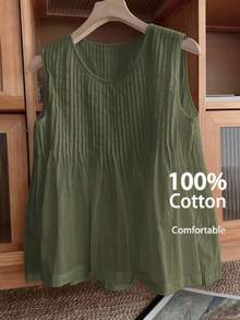 SHEIN LUNE Áo tank top không tay cổ tròn màu trơn, cỡ lớn, kiểu dáng thường ngày - xanh quân đội - Xem 1