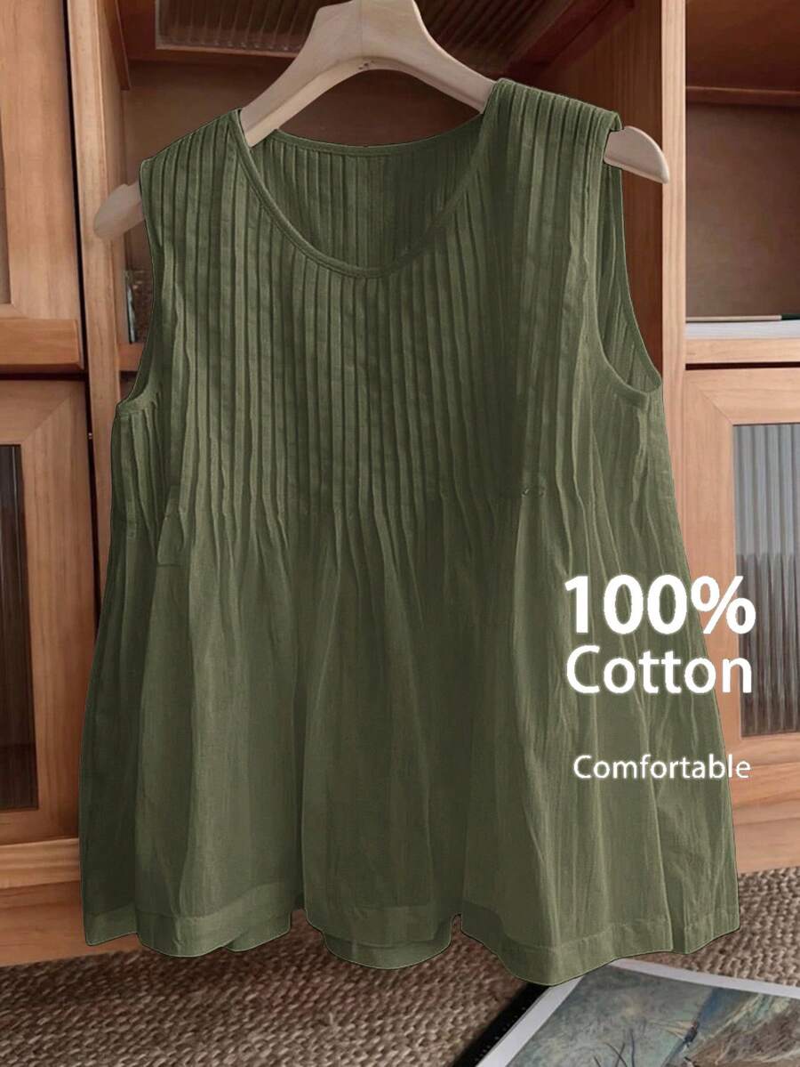 SHEIN LUNE Áo tank top không tay cổ tròn màu trơn, cỡ lớn, kiểu dáng thường ngày - xanh quân đội - Xem 1