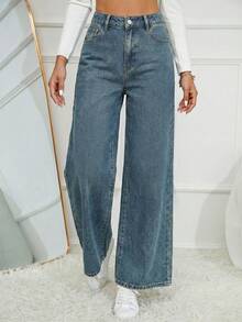 Flexra Pantalones vaqueros rectos de unicolor, sueltos y casuales con presillas para cinturón - Azul lavado medio - Ver 6