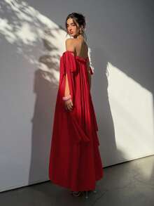 Aloruh Vestido maxi holgado de gasa plisada con hombros descubiertos y lazo de cuerda, estilo de diosa rosa, primavera/verano - Rojo - Ver 3