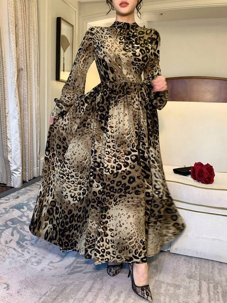 Women's Leopard Print Stand Collar Flare Sleeve Cinched Waist Dress Maxi Dress Sundress