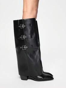 ROMWE Grunge Punk 女士新款秋冬粗跟尖头踝靴，时尚夜店欧美风，秋季过膝长靴，经典靴款，冬季，秋季，可拆卸百搭高筒靴，派对必备 - 黑色 - 查看 4