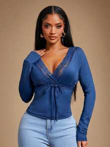 Radiana Women's Sexy Casual Elegant Brown Lace Patchwork Long Sleeve V-Neck Fitted T-Shirt, Autumn/Winter Undershirt - Blue - View 3