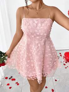 Elenzga Elegantes kurzes Kleid in Große Größen für Damen, mit gewebter Stickerei, Mesh-Lagen und Blumenmuster, Pink - Pink - Übersicht 8