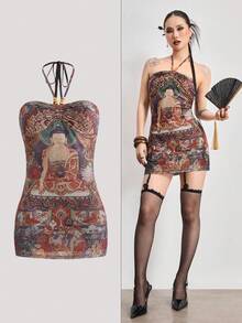 ROMWE Avant 中国风佛像印花串珠项链设计迷你连衣裙女装 - 彩色 - 查看 1