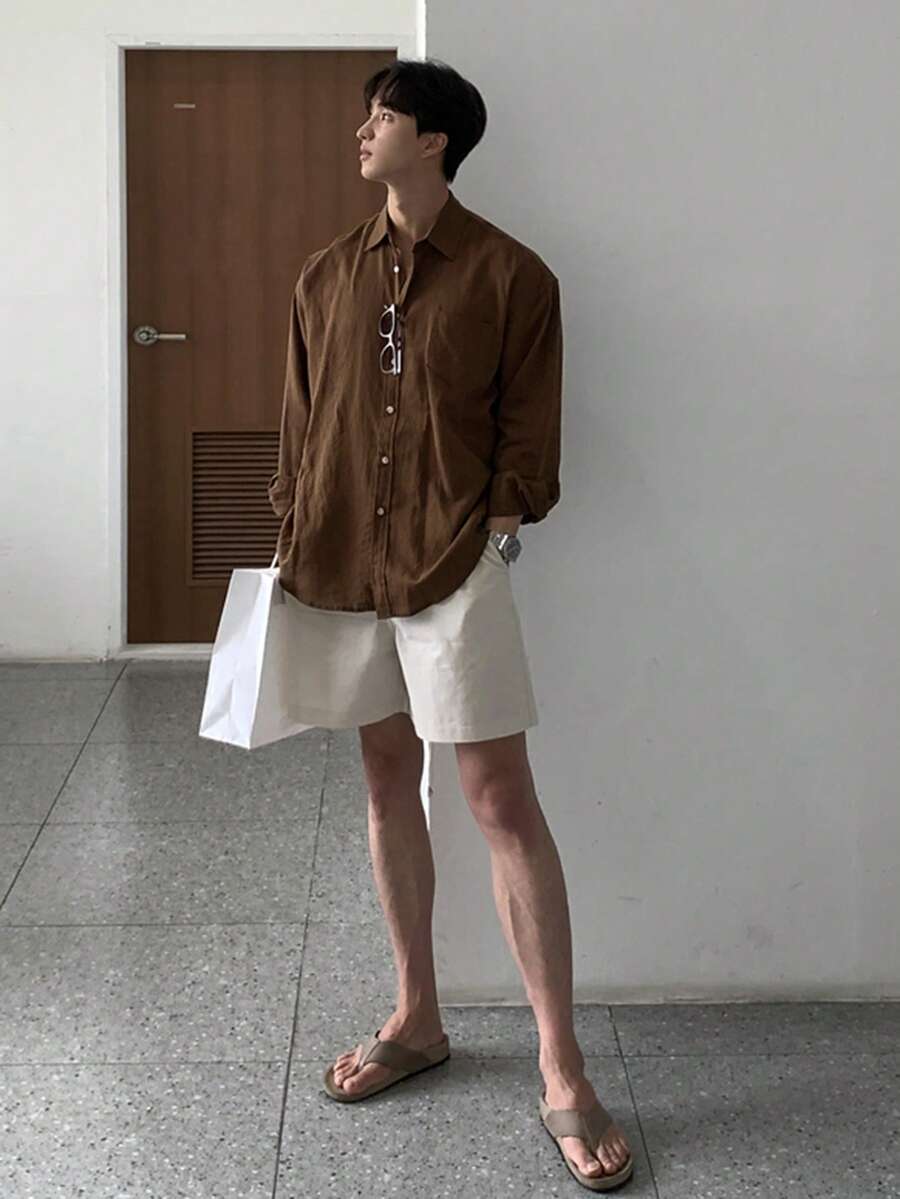 DAZY 棕红色长袖男士休闲衬衫，春季款 - 棕色 - 查看 1