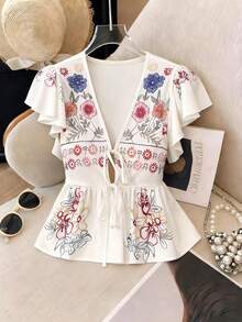 Pariaura 百搭休闲优雅经典时尚度假风魅力都市商务办公通勤性感情人节约会派对海滩深V领蝴蝶结短袖数码定位印花女式衬衫 - 白色 - 查看 7