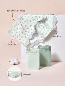 LUVLETTE Bộ 3 quần lót nữ cạp trung bằng cotton viền ren, kiểu quần đùi ngắn, họa tiết hoa, viền ren, màu xanh lá cây. - Nhiều màu - Xem 3