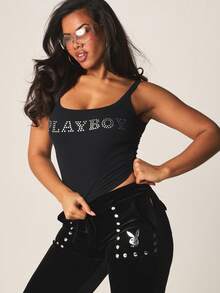 Missguided x Playboy Débardeur court décontracté d'été sans manches avec encolure dégagée et ornements de strass, idéal pour les tenues superposées - Noir - Voir 4