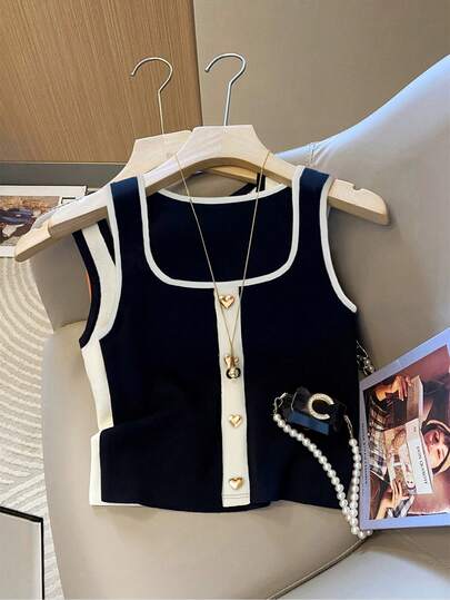 GlowEve Elegant Chic Metal Buckle Decor Square Neck Women's Tank Top, Fashionable Summer