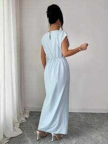 Elenzga Elegant Urban Chic New Women's Light Blue Metal Ring Buckle High Waist Asymmetric Pleated Slit Fitted Ankle-Length Dress, Suitable For Daily Wear, Weddings, Galas, Commuting, Graduation Parties, Holidays, Vacations, Dates, Parties, Halloween, Christmas, New Year, Thanksgiving, Weddings - Blue - View 2