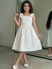 SHEIN 少女春夏休闲优雅3D蝴蝶结装饰A字提花无袖连衣裙，白色，适合婚礼、情人节、派对、公主风等场合 - 白色 - 查看 3