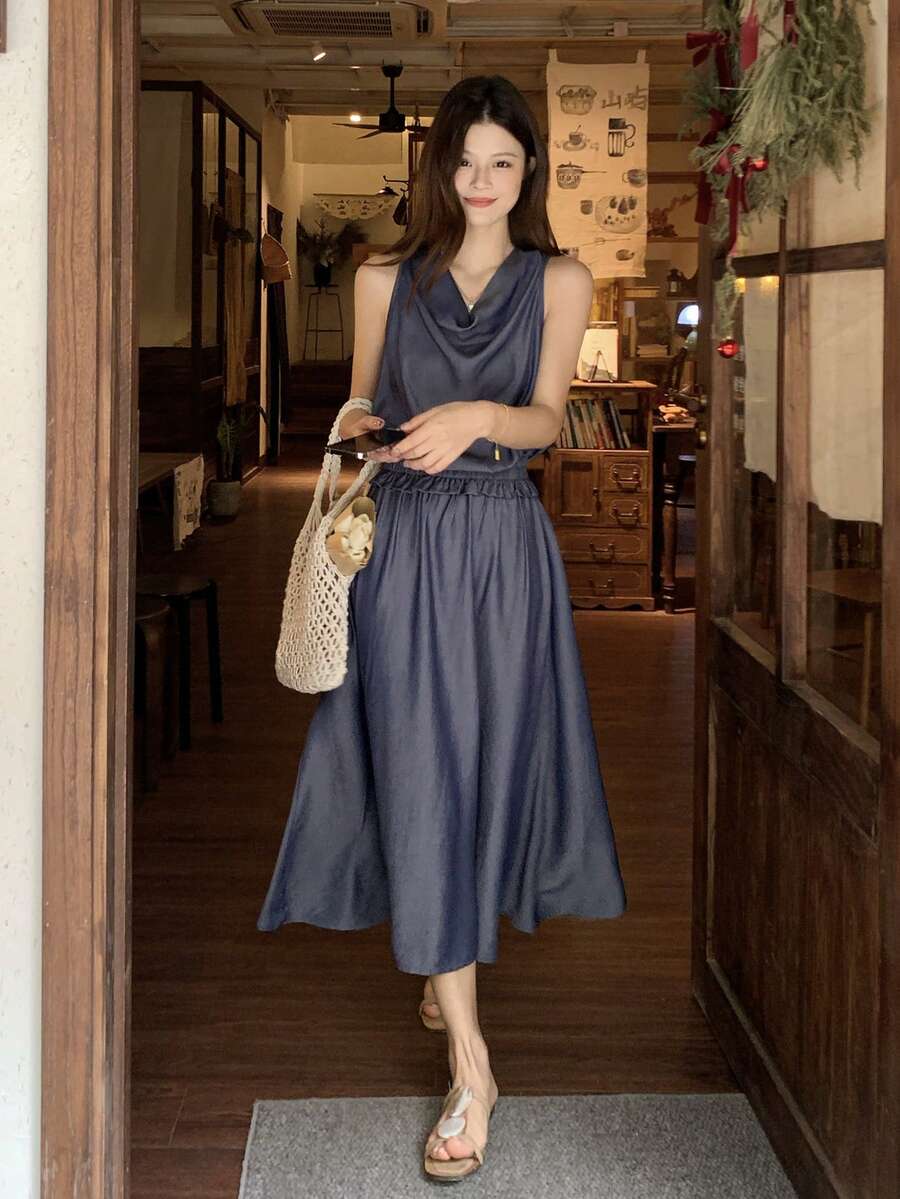 DAZY 女士天丝牛仔垂褶领口弹力褶皱腰身无袖牛仔连衣裙 - 藍色 - 查看 1