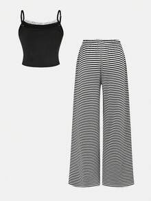 SHEIN Girlism 少女休闲家居服修身蕾丝边吊带背心和阔腿条纹针织裤套装 - 黑色 - 查看 2